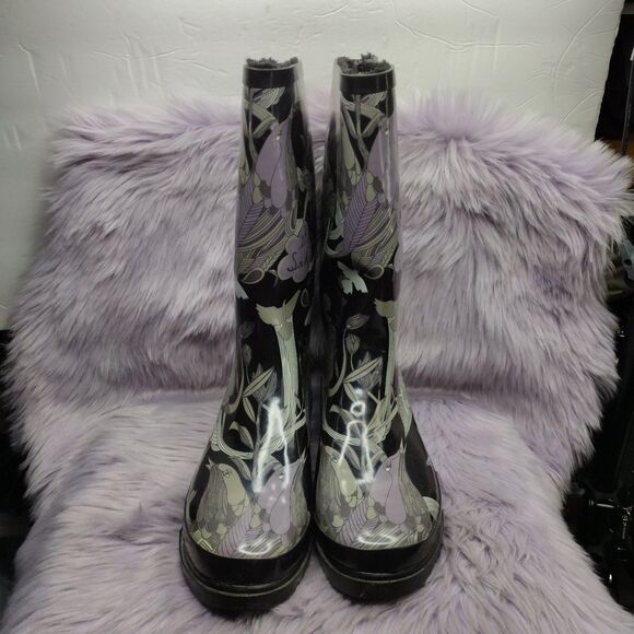 The Sak Tall Rain Boots Size 10 Black Purple Grey Bird Flowers Peace Happy Free - Picture 3 of 8